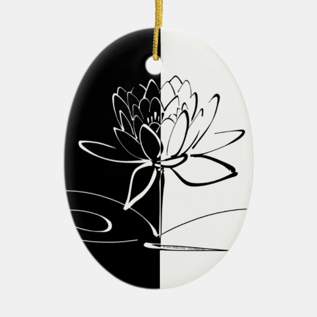Yin Yang Black White Lotus Blossom Ceramic Ornament (Front)