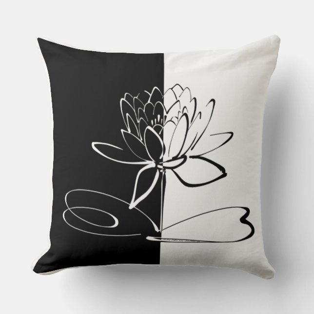 Yin Yang Black White Lotus Blossom Cushion (Front)