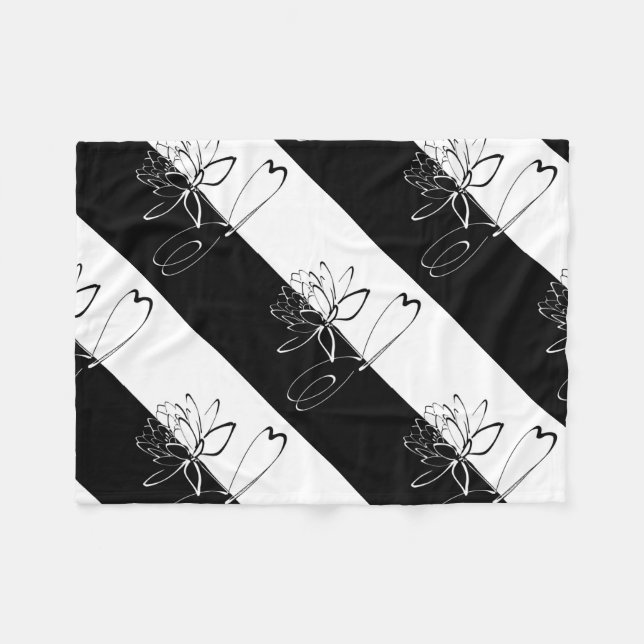 Yin Yang Black White Lotus Blossom Fleece Blanket (Front (Horizontal))
