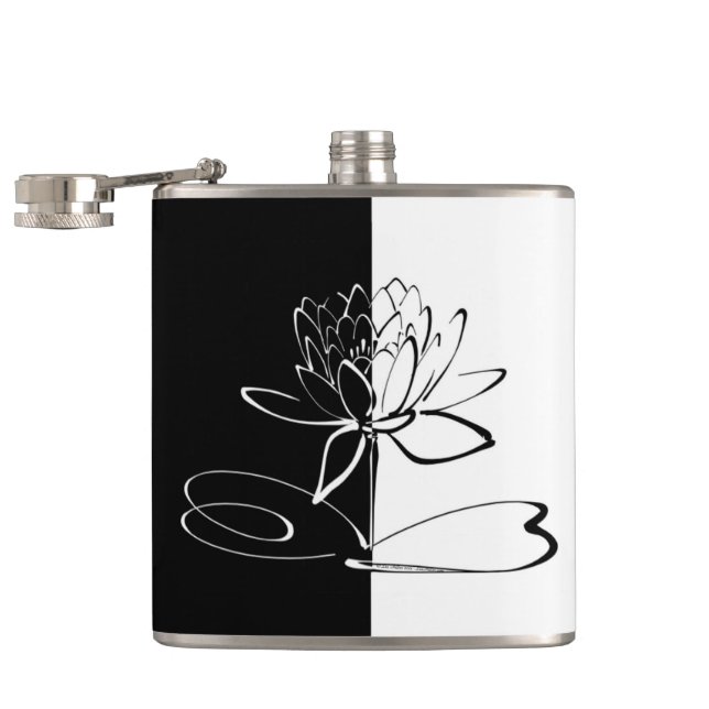 Yin Yang Black White Lotus Blossom Hip Flask (Opened)