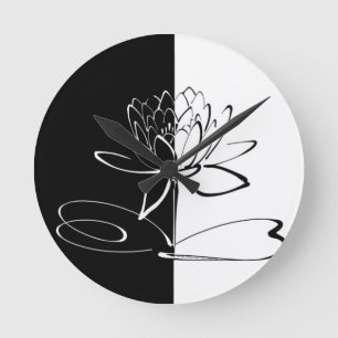 Yin Yang Black White Lotus Blossom Round Clock