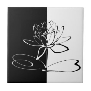 Yin Yang Black White Lotus Blossom Tile