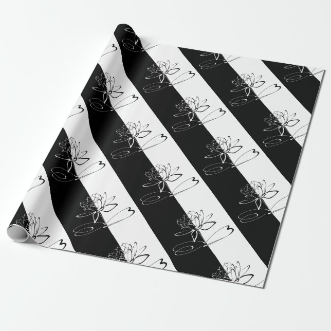 Yin Yang Black White Lotus Blossom Wrapping Paper (Unrolled)