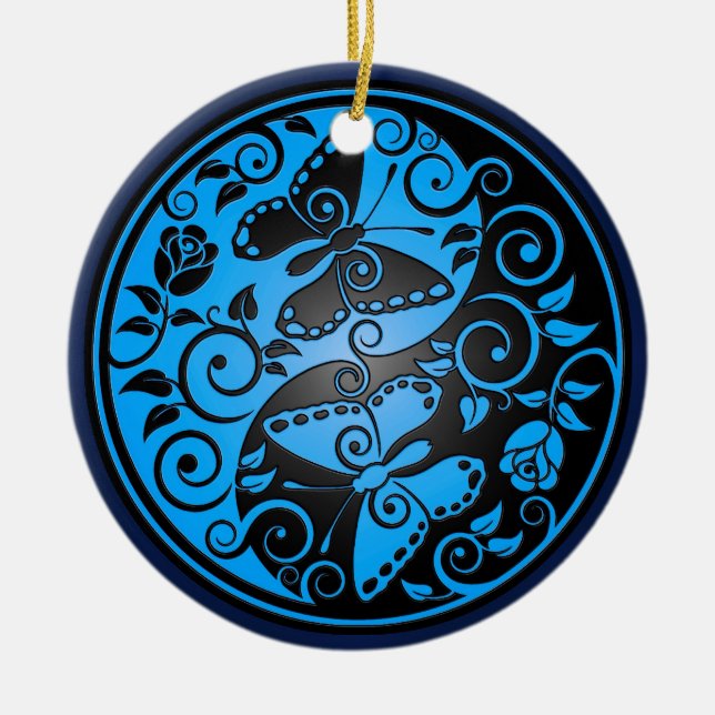 Yin Yang Butterflies, blue & black Ceramic Ornament (Front)