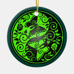 Yin Yang Butterflies, green & black Ceramic Ornament