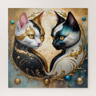Yin-Yang Cats with Magical Cosmic Elements Jigsaw Puzzle