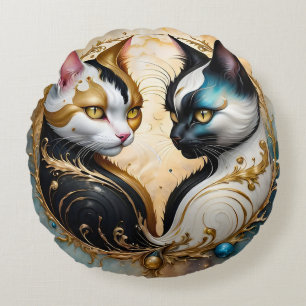 Yin-Yang Cats with Magical Cosmic Elements Round Cushion