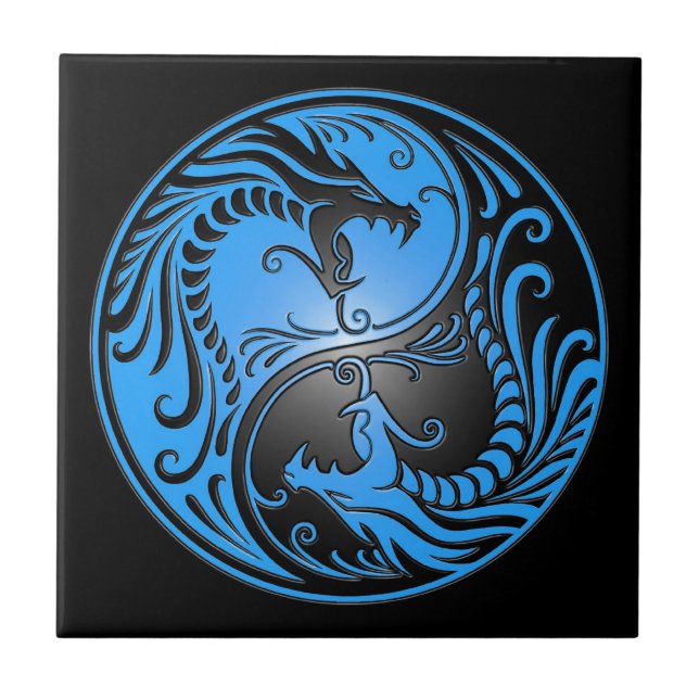 Yin Yang Dragons, blue and black Ceramic Tile (Front)