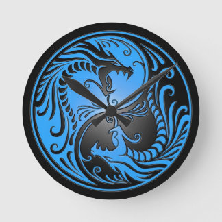 Yin Yang Dragons, blue and black Round Clock