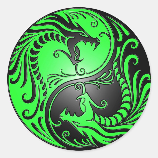 Yin Yang Dragons, green and black Classic Round Sticker (Front)