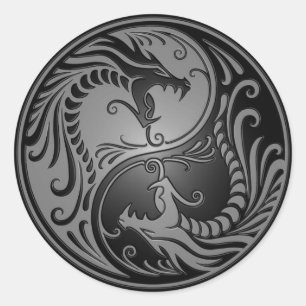 Yin Yang Dragons, grey and black Classic Round Sticker