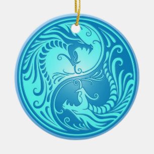 Yin Yang Dragons, light blue Ceramic Tree Decoration