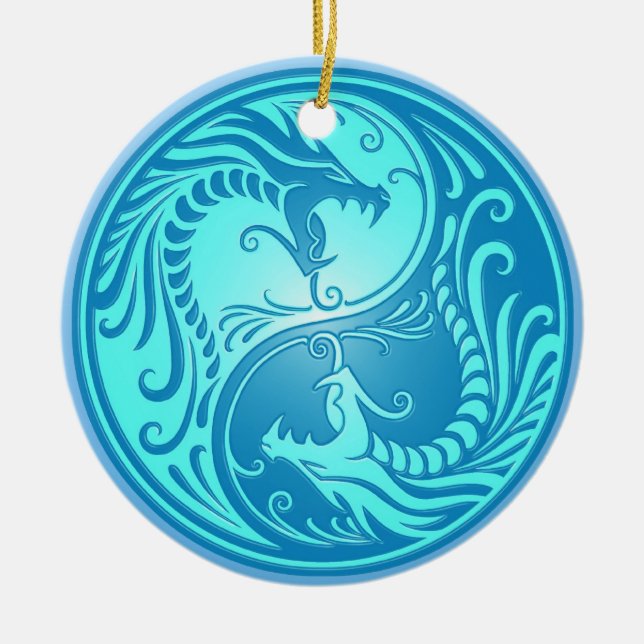Yin Yang Dragons, light blue Ceramic Tree Decoration (Front)