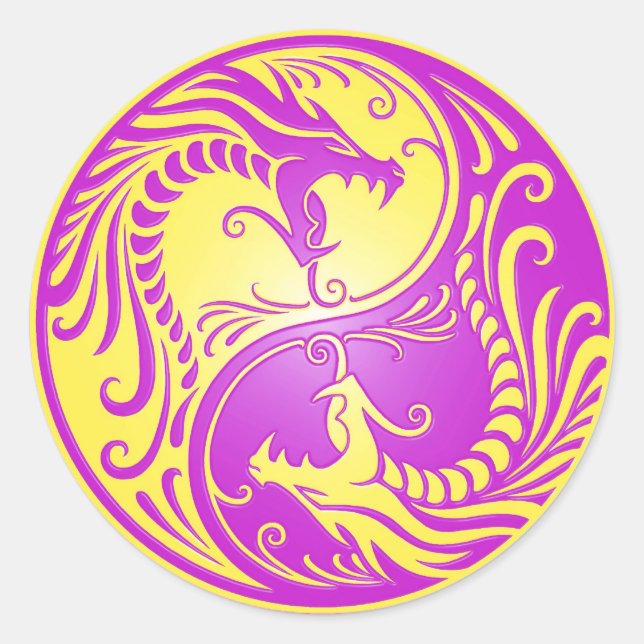 Yin Yang Dragons, purple and yellow Classic Round Sticker (Front)