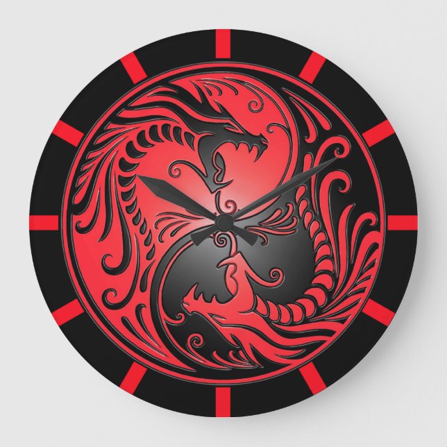 Yin Yang Dragons, red and black Large Clock (Front)