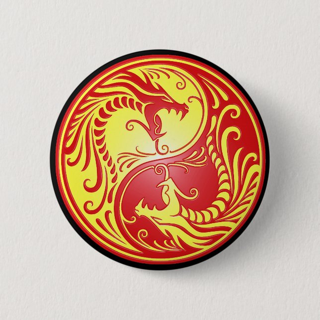 Yin Yang Dragons, red and yellow 6 Cm Round Badge (Front)