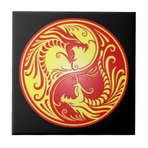 Yin Yang Dragons, red and yellow Tile