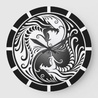 Yin Yang Dragons, white and black Large Clock