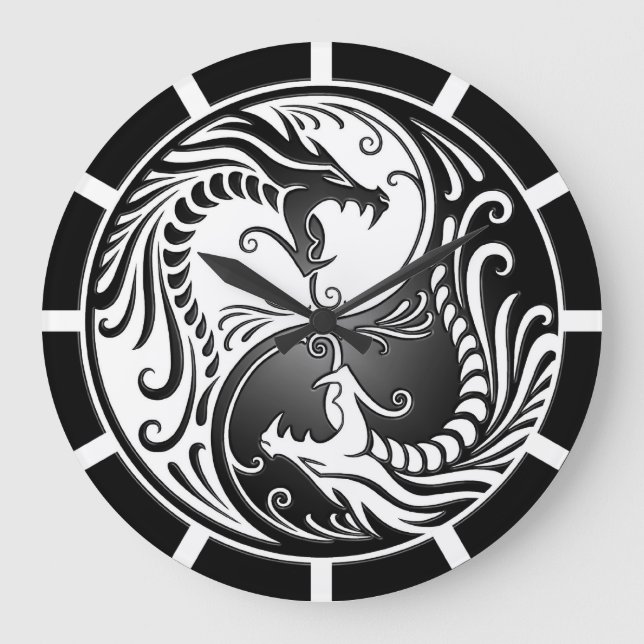 Yin Yang Dragons, white and black Large Clock (Front)