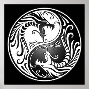 Yin Yang Dragons, white and black Poster