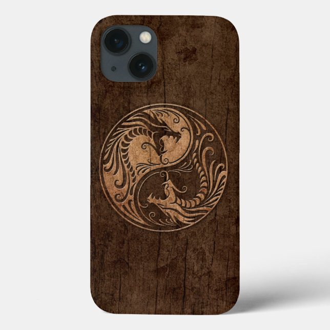 Yin Yang Dragons with Wood Grain Effect Case-Mate iPhone Case (Back)