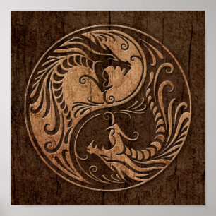Yin Yang Dragons with Wood Grain Effect Poster
