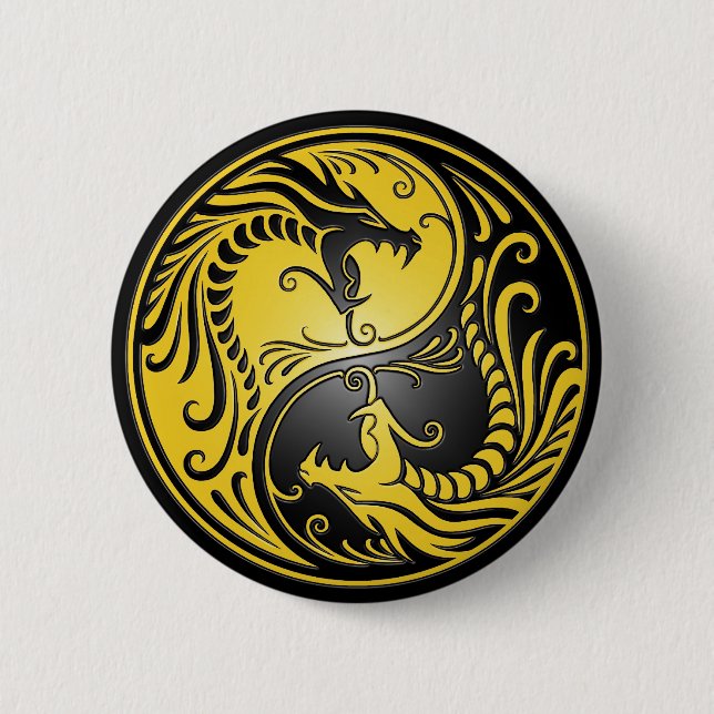 Yin Yang Dragons, yellow and black 6 Cm Round Badge (Front)