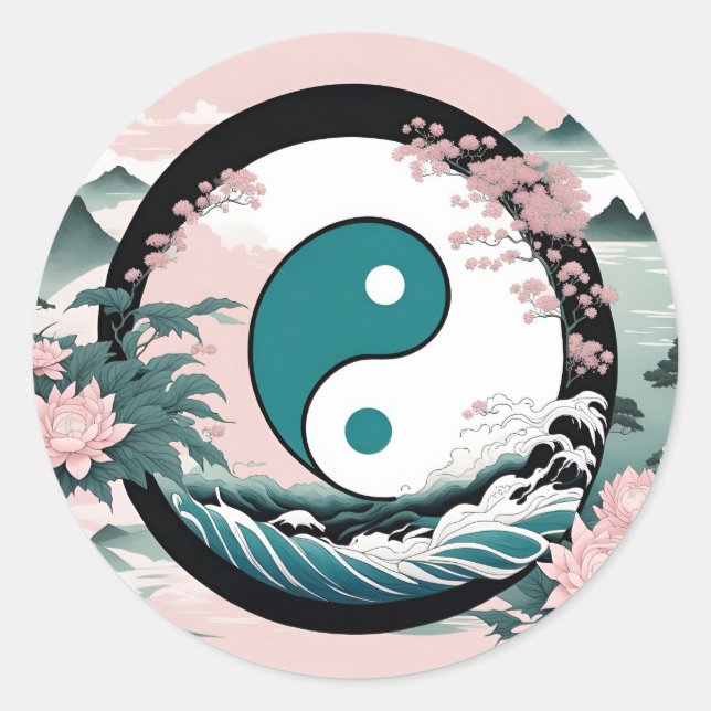 Yin Yang, Floral Mountain Pink Sage Teal Classic Round Sticker (Front)