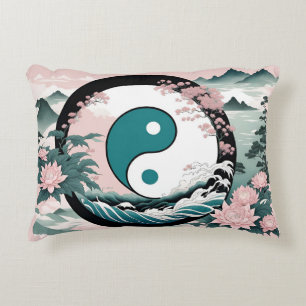 Yin Yang, Floral Mountain Pink Sage Teal Decorative Cushion