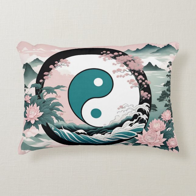Yin Yang, Floral Mountain Pink Sage Teal Decorative Cushion (Front)