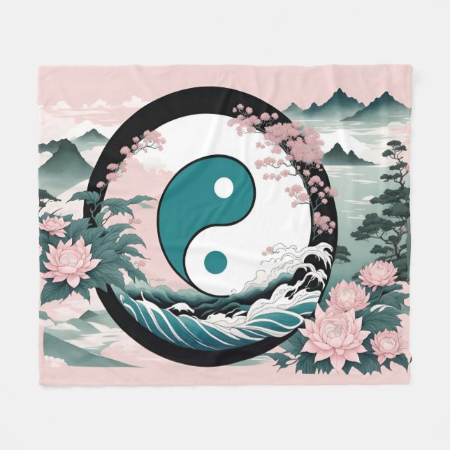 Yin Yang, Floral Mountain Pink Sage Teal Fleece Blanket (Front (Horizontal))