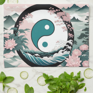Yin Yang, Floral Mountain Pink Sage Teal Tea Towel