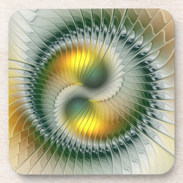 Yin Yang Green Yellow Abstract Colorful Fractal Coaster (Front)
