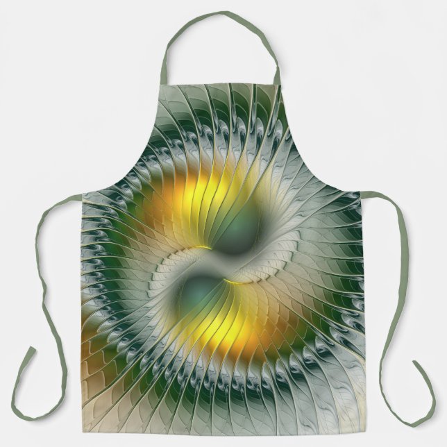 Yin Yang Green Yellow Abstract Colourful Fractal Apron (Front)