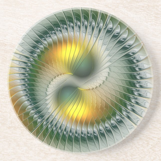 Yin Yang Green Yellow Abstract Colourful Fractal Coaster (Front)