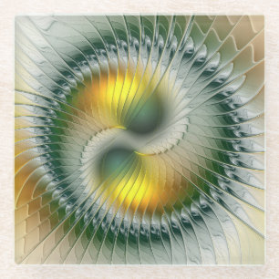 Yin Yang Green Yellow Abstract Colourful Fractal Glass Coaster