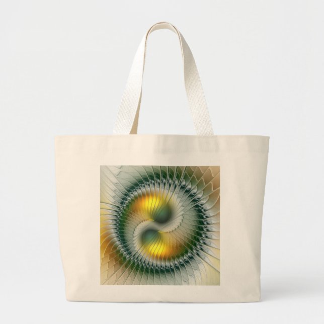 Yin Yang Green Yellow Abstract Colourful Fractal Large Tote Bag (Front)