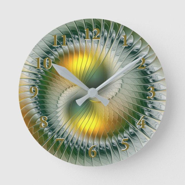 Yin Yang Green Yellow Abstract Colourful Fractal Round Clock (Front)