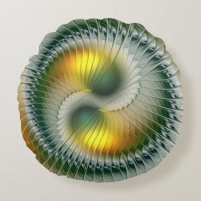Yin Yang Green Yellow Abstract Colourful Fractal Round Cushion (Front)