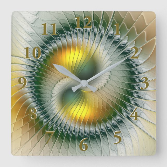 Yin Yang Green Yellow Abstract Colourful Fractal Square Wall Clock (Front)