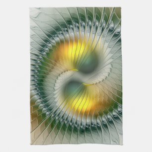 Yin Yang Green Yellow Abstract Colourful Fractal Tea Towel