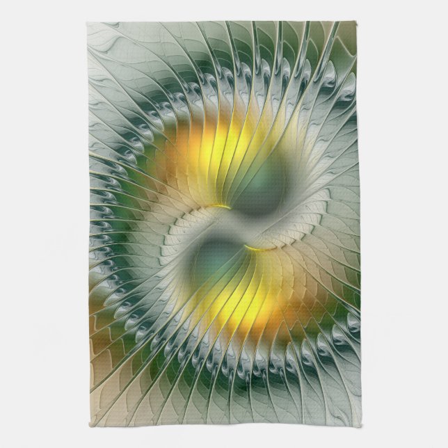 Yin Yang Green Yellow Abstract Colourful Fractal Tea Towel (Vertical)
