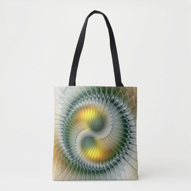 Yin Yang Green Yellow Abstract Colourful Fractal Tote Bag (Front)