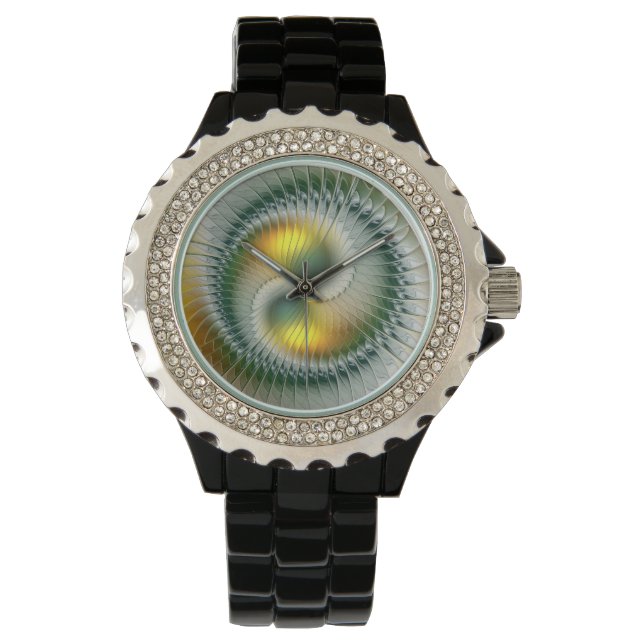 Yin Yang Green Yellow Abstract Colourful Fractal Watch (Front)