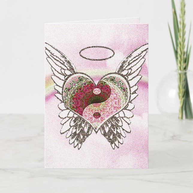 Yin Yang Heart Angel Wings Watercolor Card (Front)