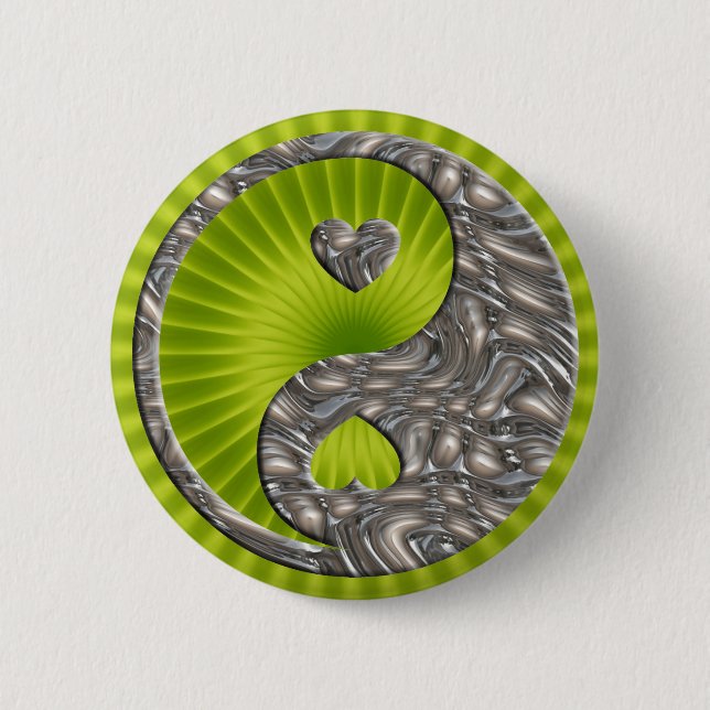 Yin & Yang / Hearts SILVER 6 Cm Round Badge (Front)