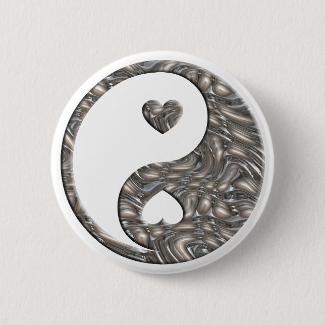Yin & Yang / Hearts SILVER 6 Cm Round Badge (Front)