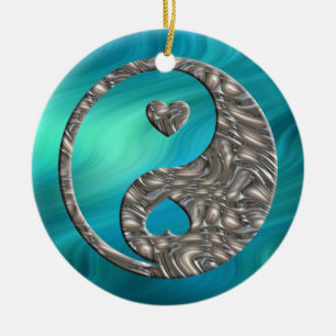 Yin & Yang / Hearts SILVER   bluegreen waves Ceramic Tree Decoration
