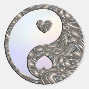 Yin & Yang / Hearts SILVER coloured light Classic Round Sticker
