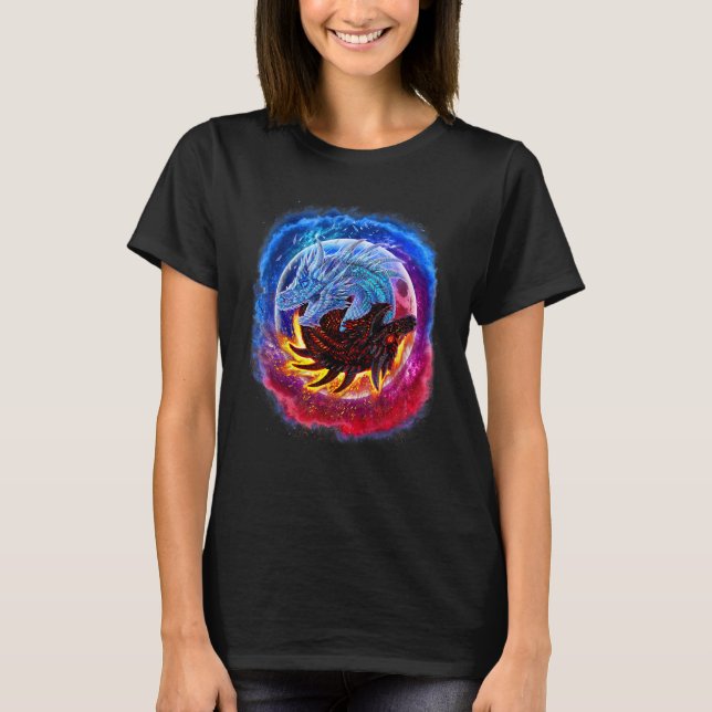 Yin Yang Ice and Fire Dragon in Space T-Shirt (Front)